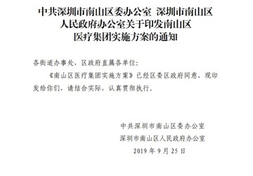 南山区委区政府印发南山区医疗集团实施方案